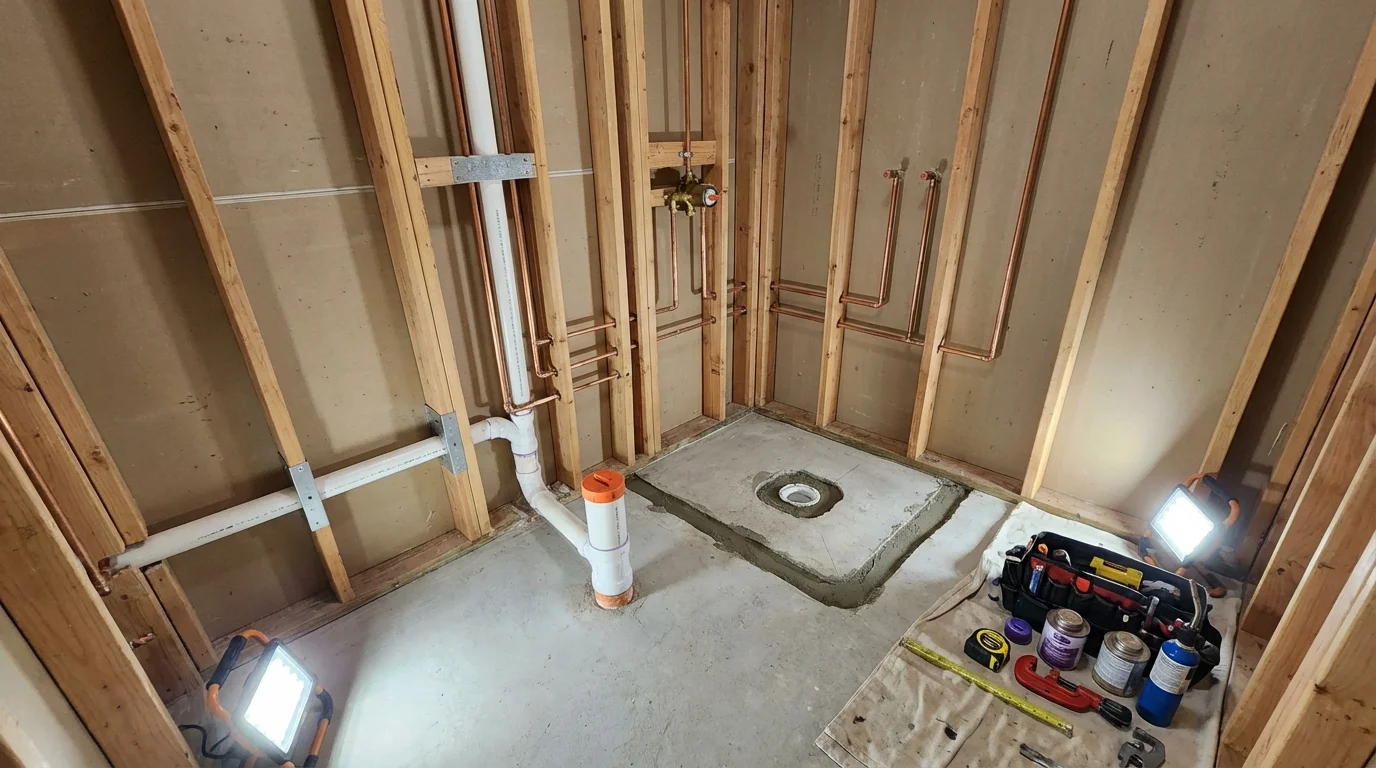 Bathroom rough-in plumbing during remodel by Johns Plumbing LLC in Rushville