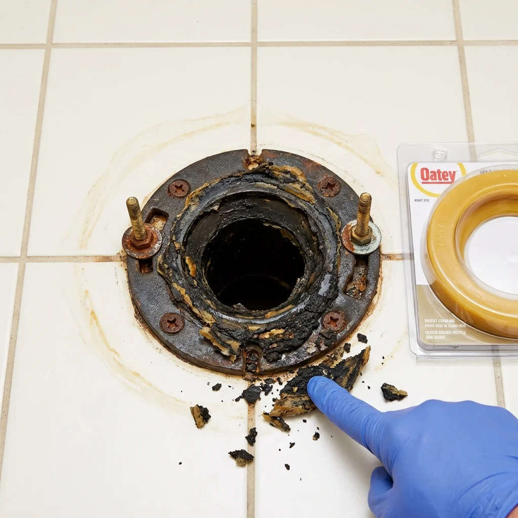 Failed wax ring showing water seepage at the base of a toilet in a Rushville, IL home